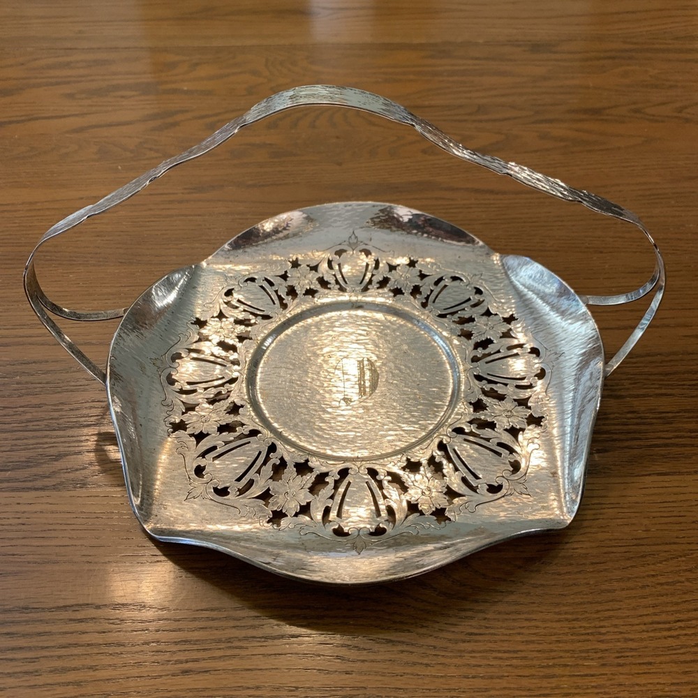 Antique Sheffield Hammered Silver Plated "D" Wedding Basket W/ Handle 0558 HMC